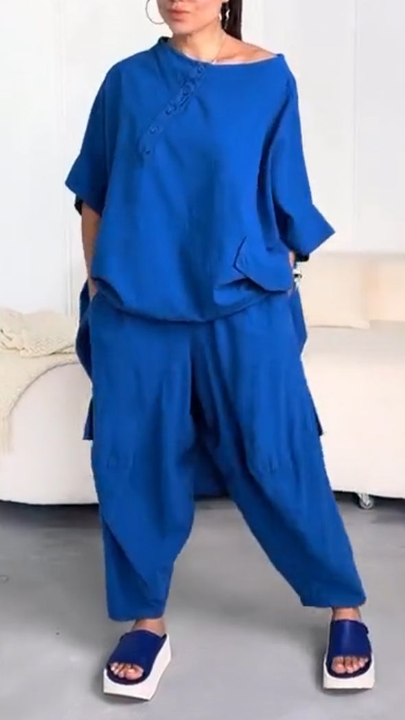 Women's Round Neck Irregular Long Top+ Pants Casual Suit