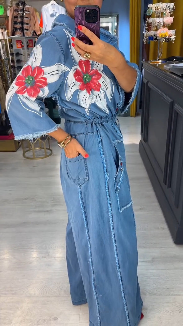 Ladies' Collar Printed Patchwork Casual Jumpsuit