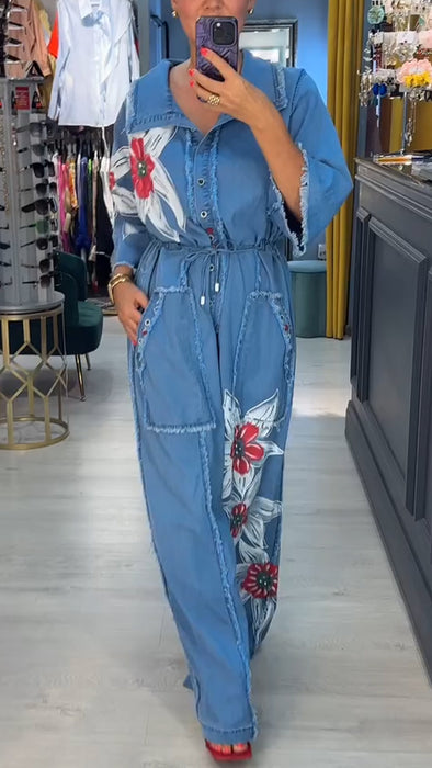 Ladies' Collar Printed Patchwork Casual Jumpsuit