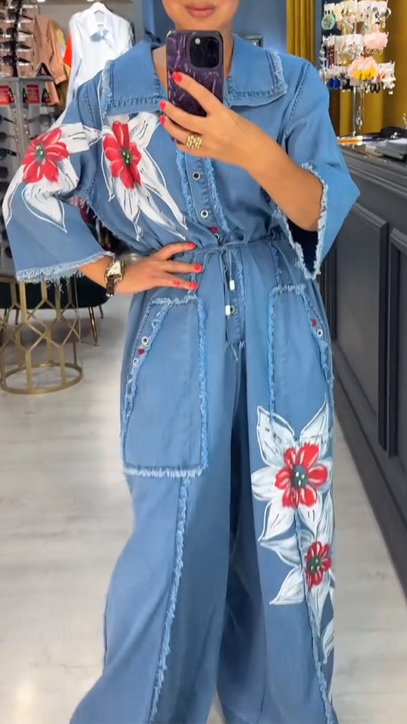 Ladies' Collar Printed Patchwork Casual Jumpsuit