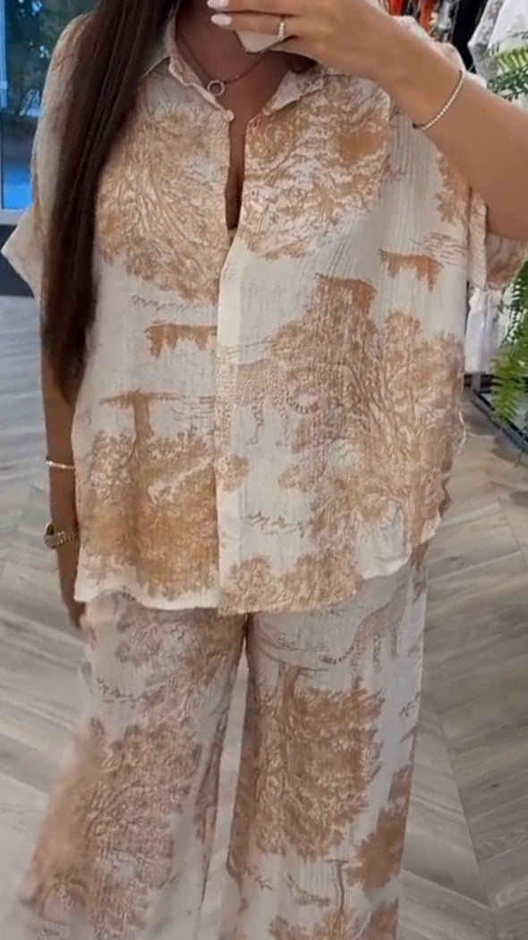 Ladies' Collar Print Loose Casual Suit