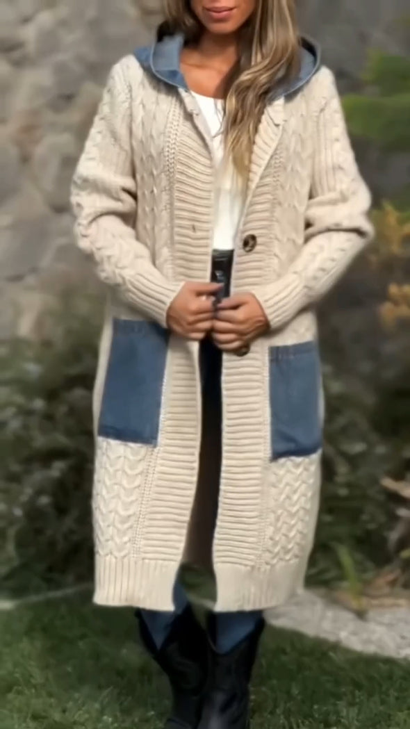 Women Round Neck Hooded Knitted Patchwork Casual Coat