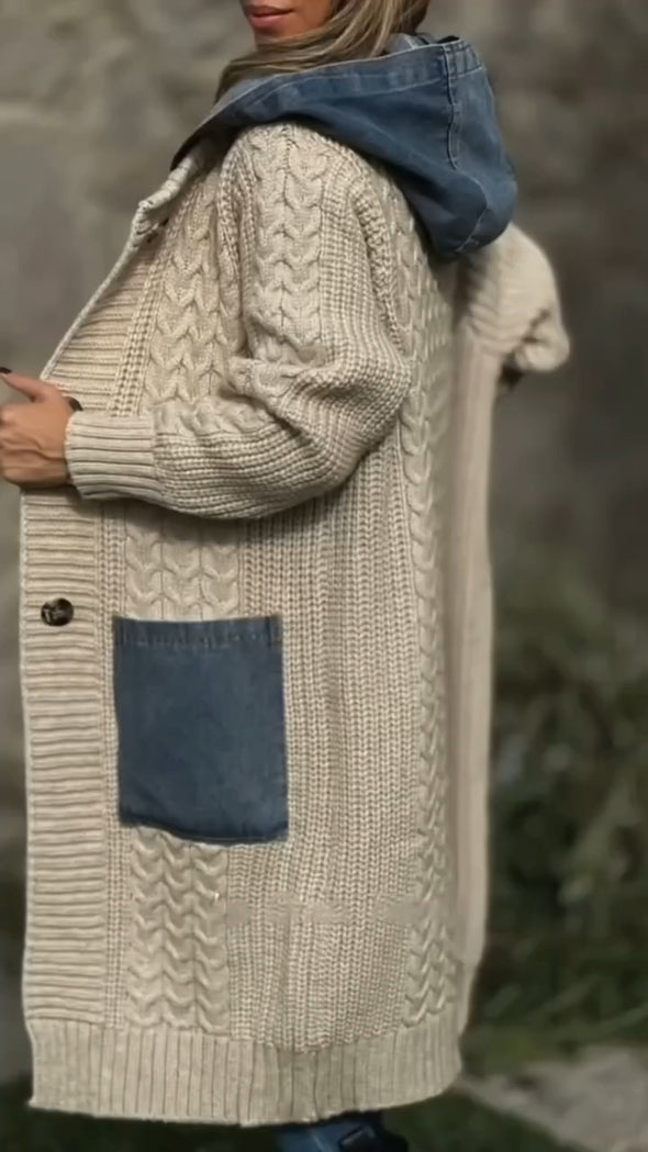 Women Round Neck Hooded Knitted Patchwork Casual Coat