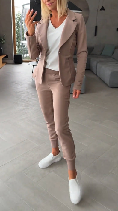 Women Collar Jacket+ Pants Commuting Style Set