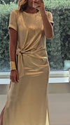 Ladies Round Neck Pleated Slit Temperament Casual Dress