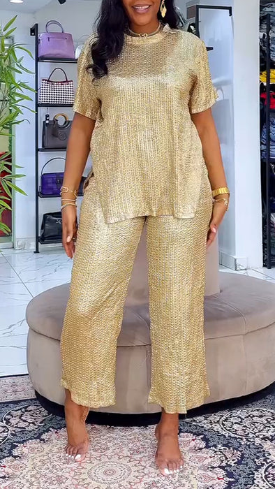 Ladies Round Neck Sequin Solid Color Casual Set