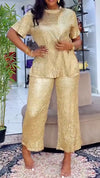 Ladies Round Neck Sequin Solid Color Casual Set