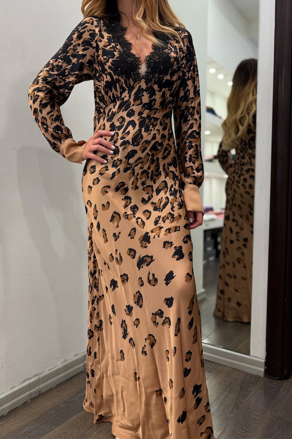 Ladies V-neck Patchwork Printed Elegant Temperament Dress
