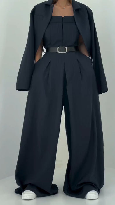 Women Strapless Jumpsuit+ Jacket Style Commuting Set