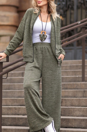 Women Round Neck Zipper Cardigan+ Pants Casual Set