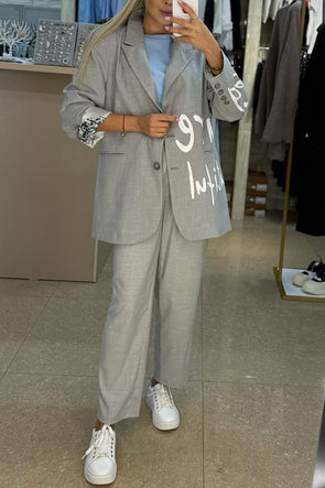 Women Lapel Print Letter Jacket + Pants Commuter Temperament Set