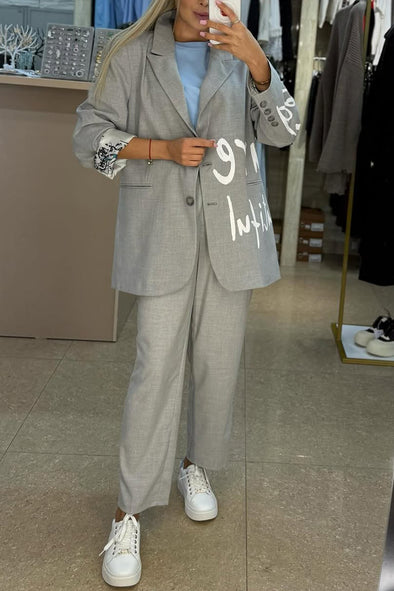Women Lapel Print Letter Jacket + Pants Commuter Temperament Set