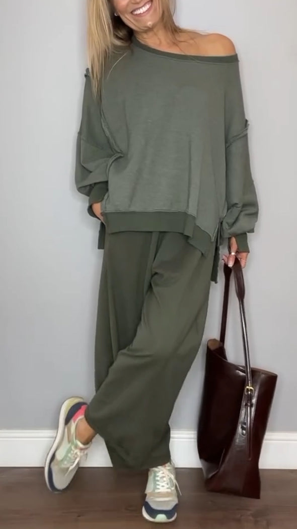 Women Round Neck Splicing Top + Pants Casual Suit