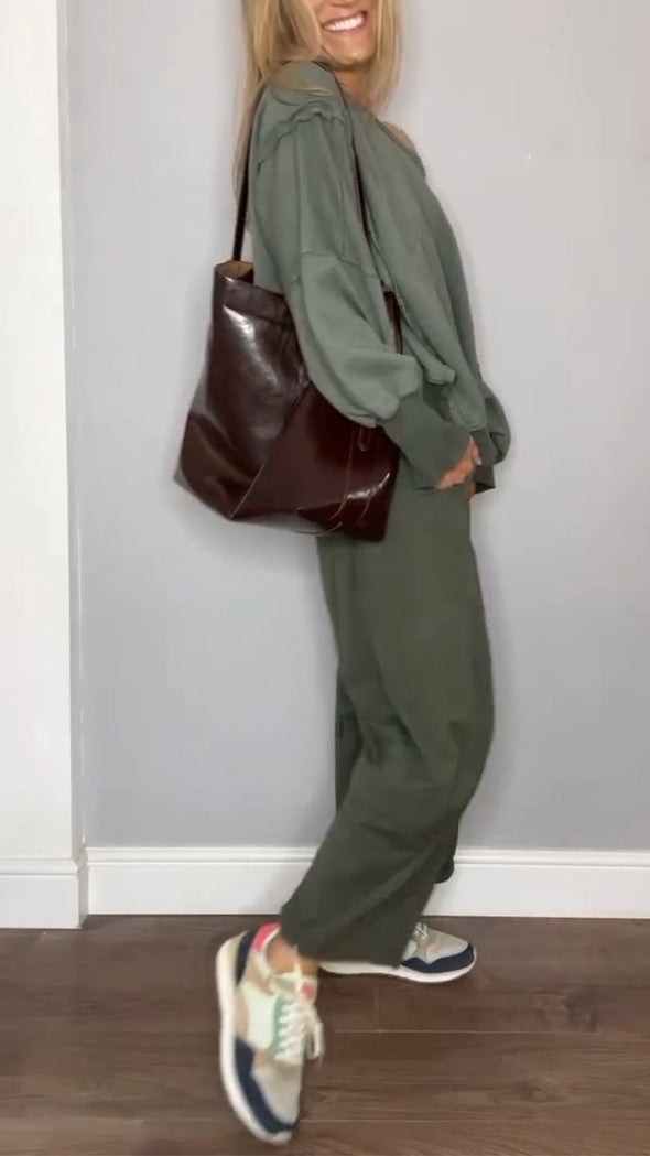 Women Round Neck Splicing Top + Pants Casual Suit