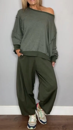 Women Round Neck Splicing Top + Pants Casual Suit