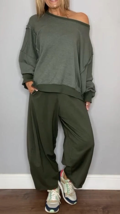 Women Round Neck Splicing Top + Pants Casual Suit