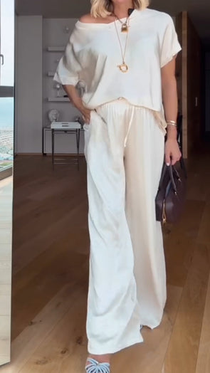 Women Round Neck Solid Color Casual Suit