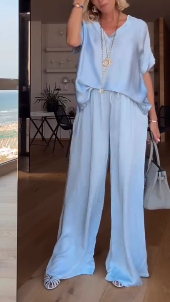 Women Round Neck Solid Color Casual Suit