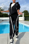 Women Round Neck Hooded Vertical Drawstring Jacket + Pants Metal Hollow Casual Set