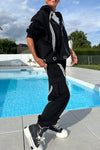 Women Round Neck Hooded Vertical Drawstring Jacket + Pants Metal Hollow Casual Set