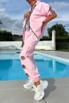 Women Round Neck Hooded Vertical Drawstring Jacket + Pants Metal Hollow Casual Set