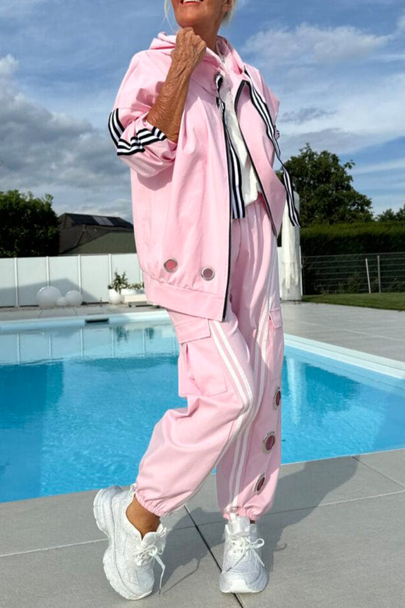 Women Round Neck Hooded Vertical Drawstring Jacket + Pants Metal Hollow Casual Set
