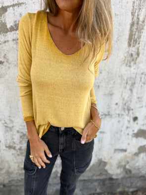 Women U-neck Solid Color Casual Top