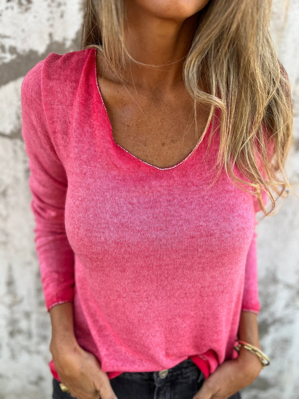 Women U-neck Solid Color Casual Top
