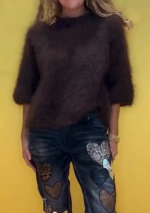 Women Round Neck Solid Color Casual Sweater