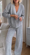 Women V-neck Casual Solid Color Set