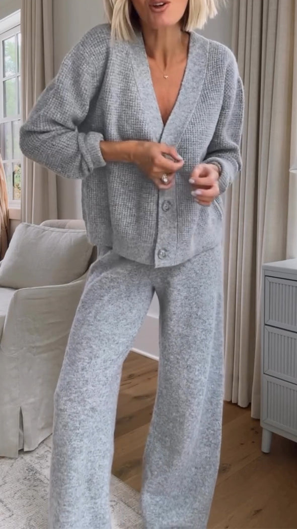 Women V-neck Casual Solid Color Set