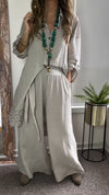 Women Lapel Printed Hollow Long Top + Pants Loose Casual Suit