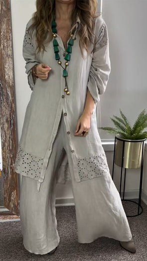 Women Lapel Printed Hollow Long Top + Pants Loose Casual Suit