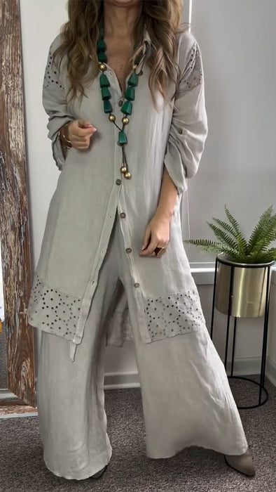Women Lapel Printed Hollow Long Top + Pants Loose Casual Suit