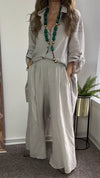 Women Lapel Printed Hollow Long Top + Pants Loose Casual Suit