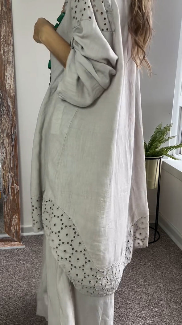 Women Lapel Printed Hollow Long Top + Pants Loose Casual Suit