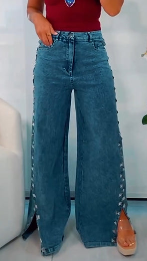 Womens Side Hot Diamond Casual Jeans