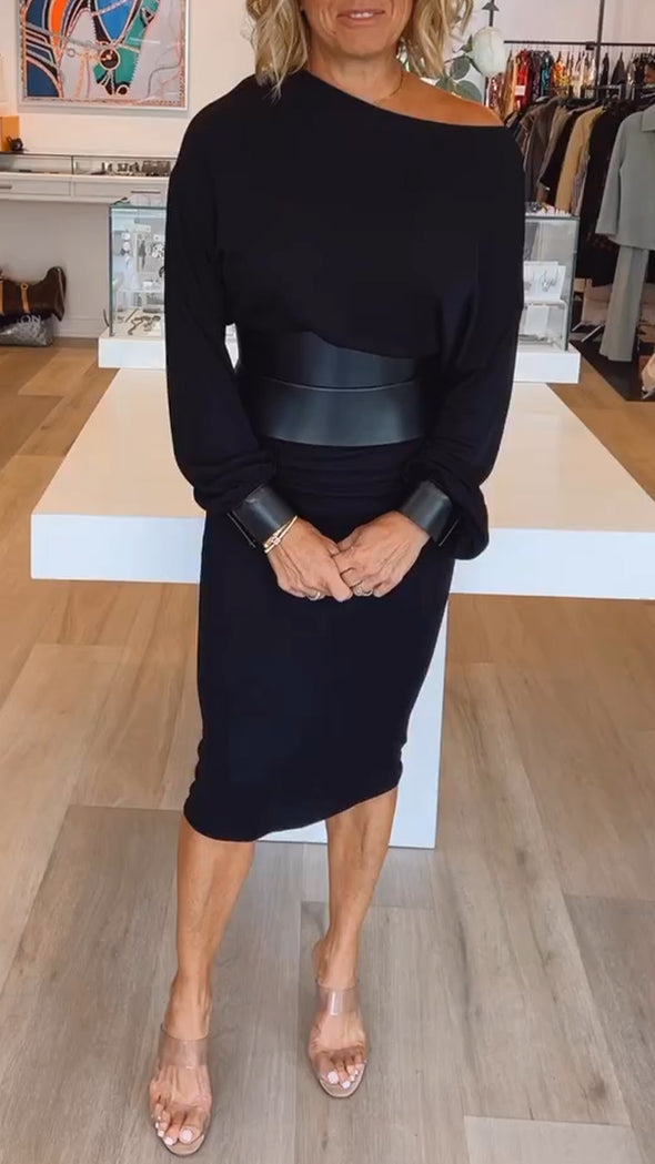 Womens Round Neck Solid Color Dress Waist Cover