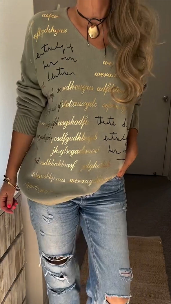 Womens Round Neck Printed Letter Casual Top