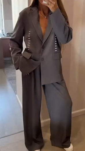 Womens Lapel Jacket + Pants Temperament Casual Suit