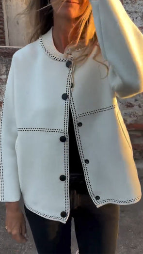 Women Round Neck Knitted Spliced Casual Coat