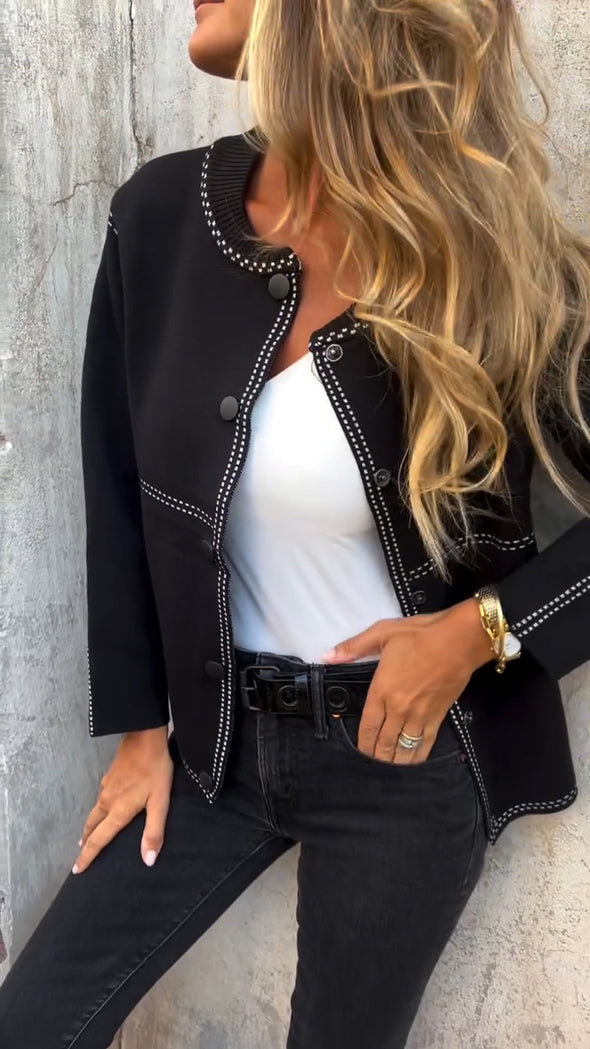 Women Round Neck Knitted Spliced Casual Coat