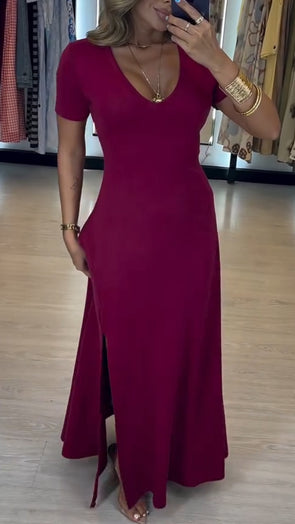 Womens Round Neck Solid Color Slit Casual Dress
