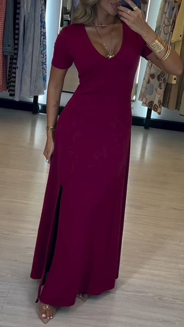 Womens Round Neck Solid Color Slit Casual Dress