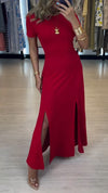 Womens Round Neck Solid Color Slit Casual Dress