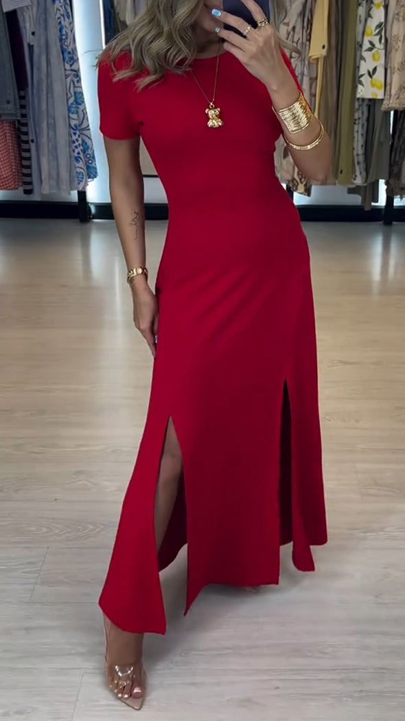 Womens Round Neck Solid Color Slit Casual Dress