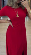 Womens Round Neck Solid Color Slit Casual Dress