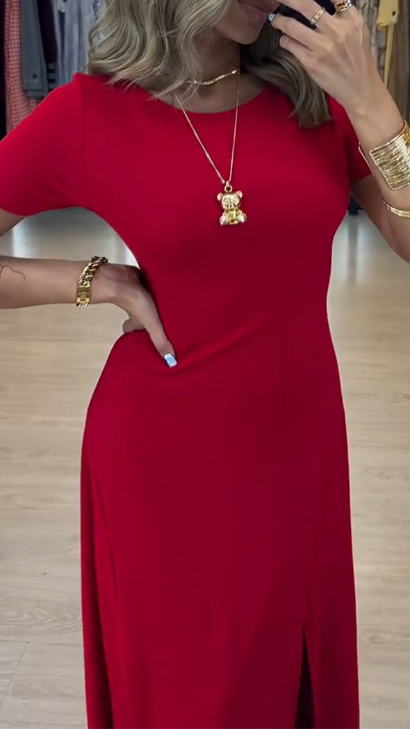Womens Round Neck Solid Color Slit Casual Dress
