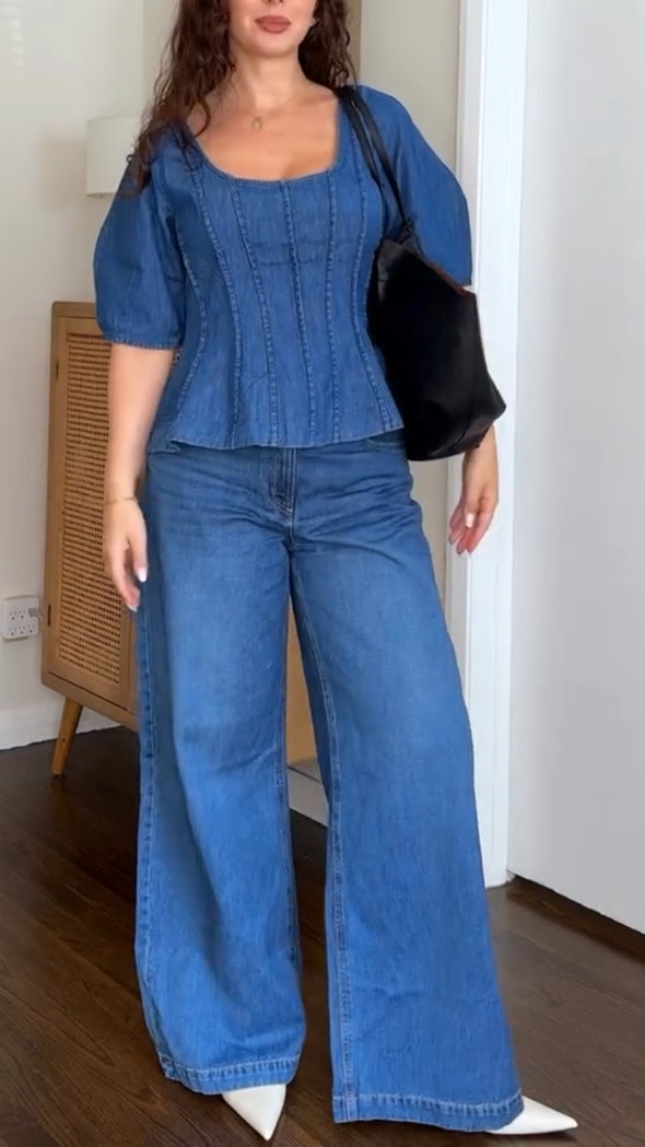 Women U-neck Splicing Top + Pants Casual Denim Suit