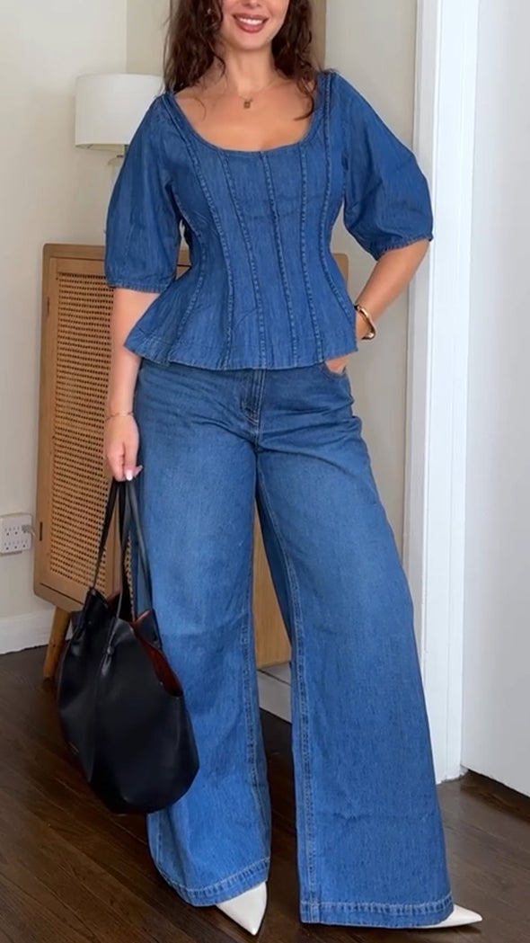 Women U-neck Splicing Top + Pants Casual Denim Suit